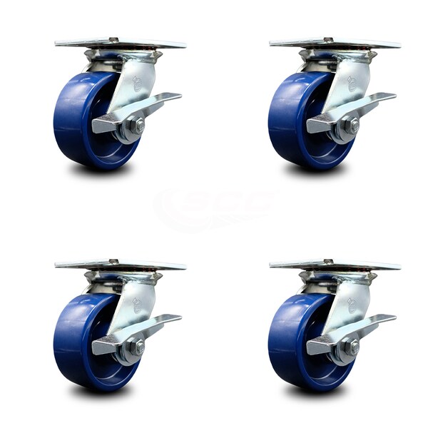5 Inch Heavy Duty Solid Poly Caster Set with Ball Bearings and Brakes SCC